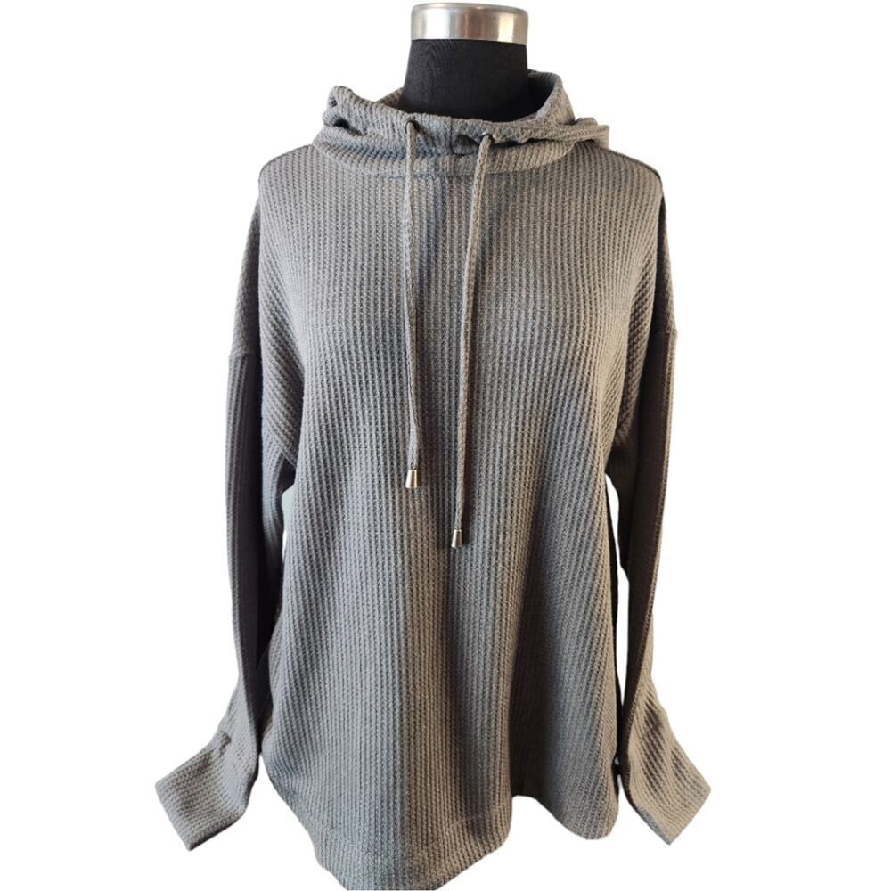 Doe & Rae womens sz medium gray waffle knit‎ hoodie long sleeve pockets